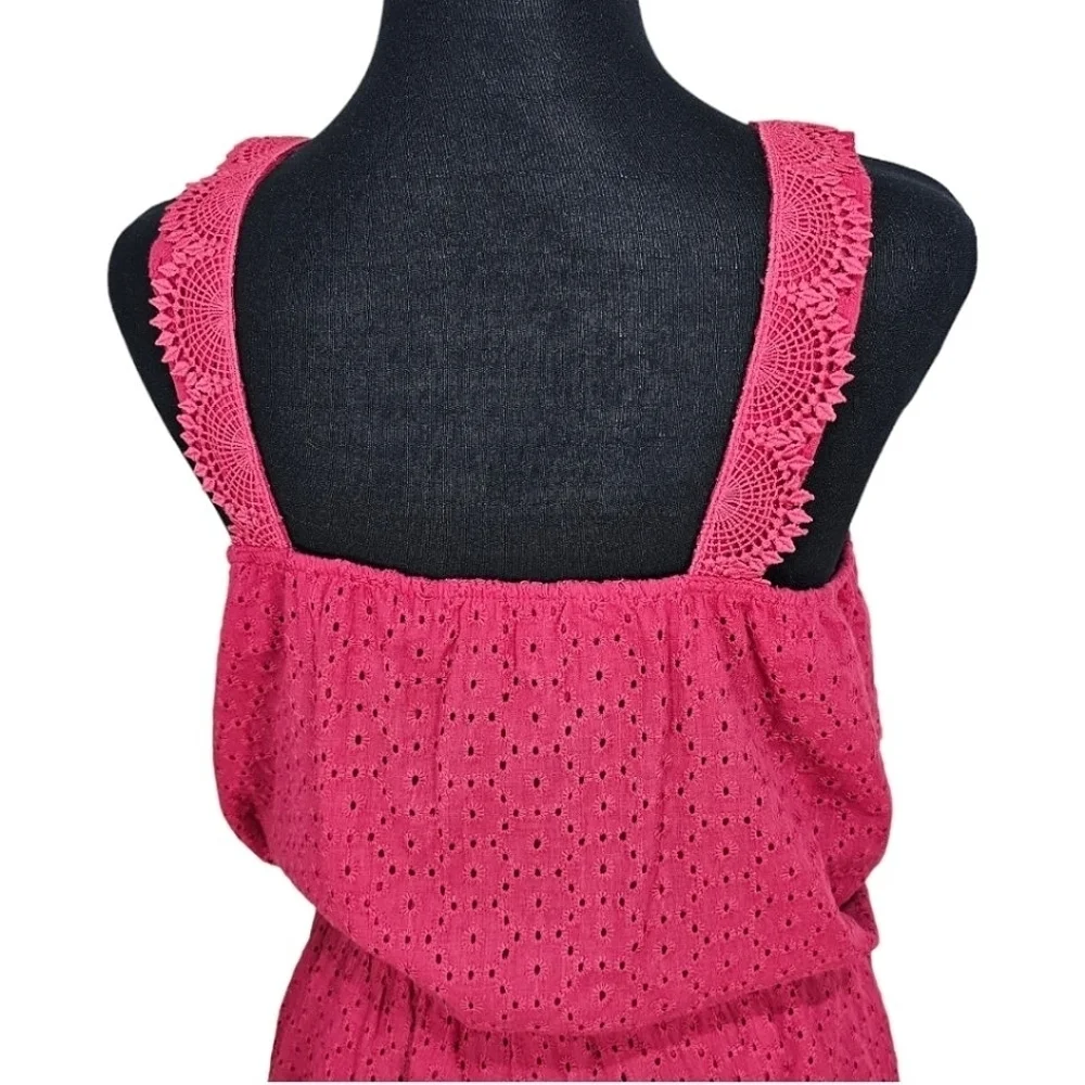 NWT Sperry Cotton Button Down Eyelet & Lace Drawstring Waist Romper Pink Red L